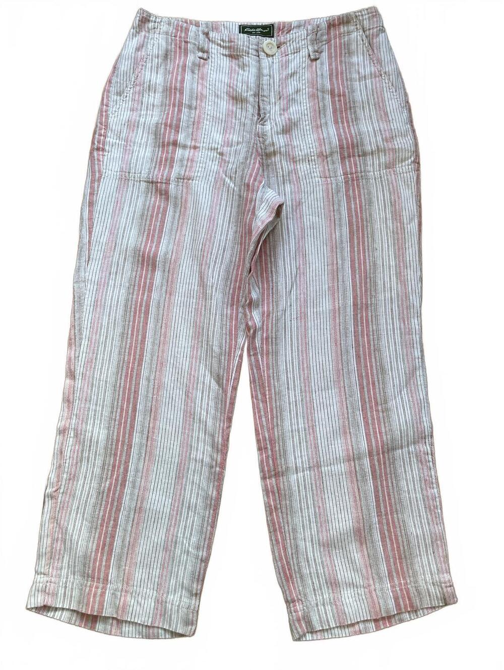 Eddie Bauer Women's Linen Crop Pant Pink White Beige Size 8 Coastal Grandma